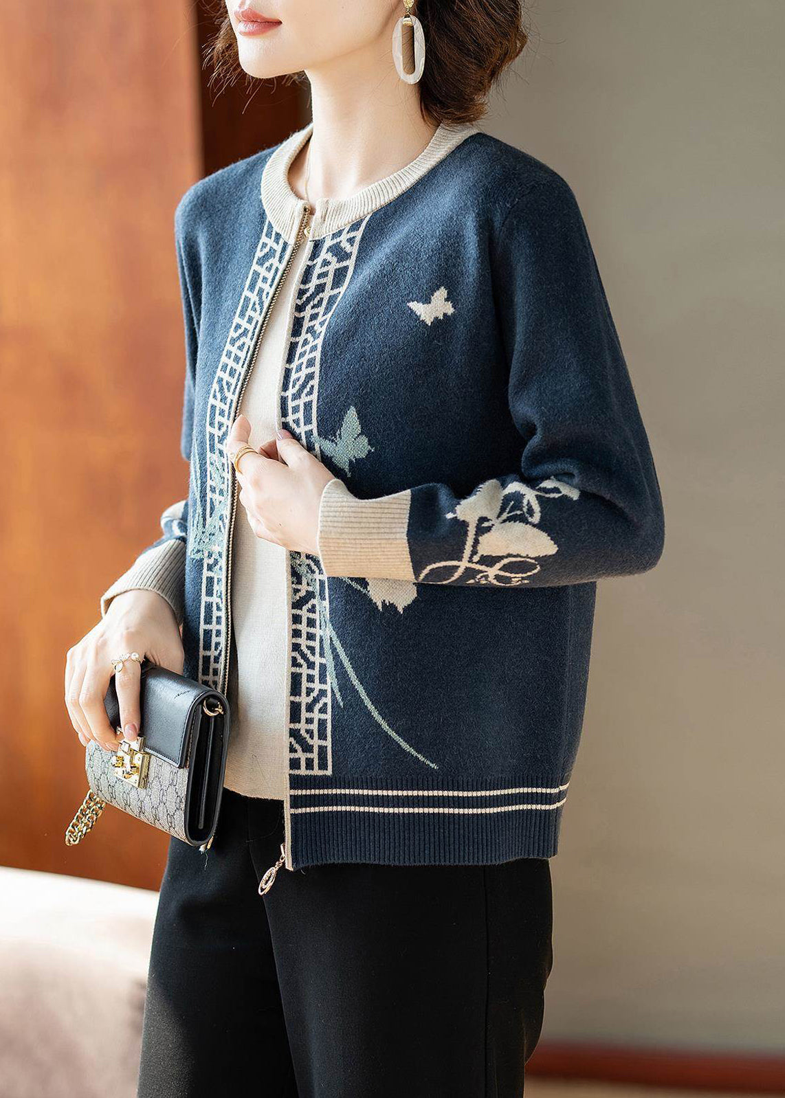 Blue O-neck Print Knitted Cotton Cardigans Fall