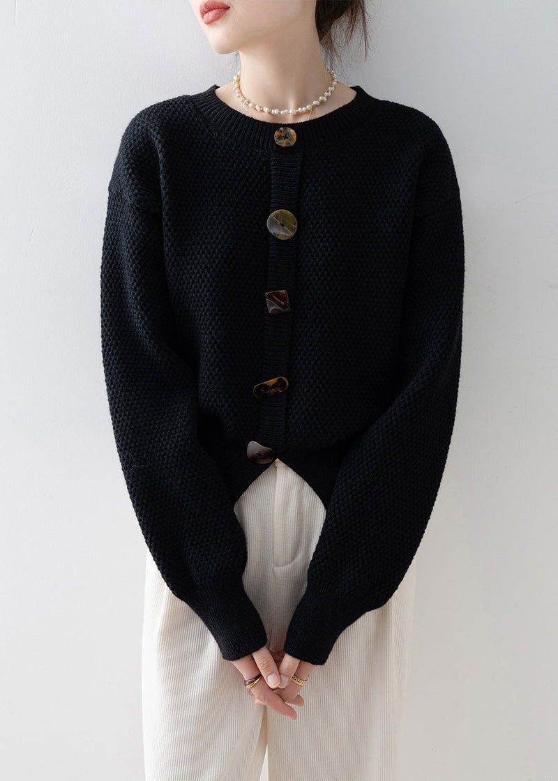 Black O-neck Cozy Knit Cardigan Winter