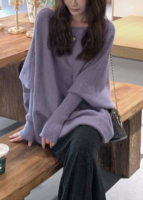 Purple O-neck Knit Sweater Batwing Sleeve