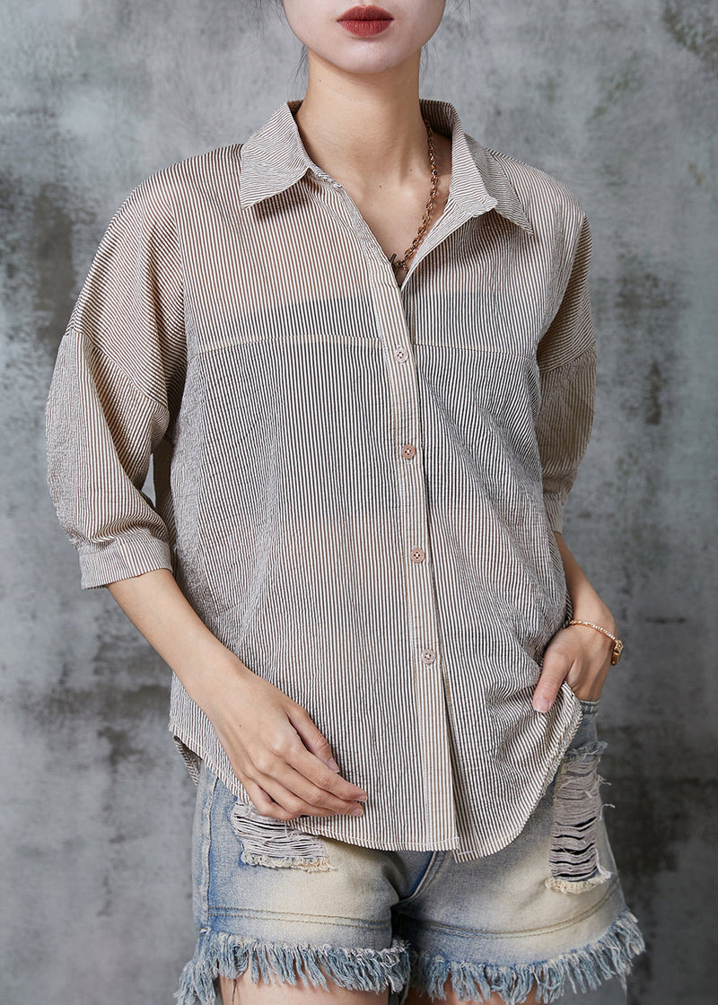 Khaki Striped Wrinkled Cotton Shirt Tops Summer