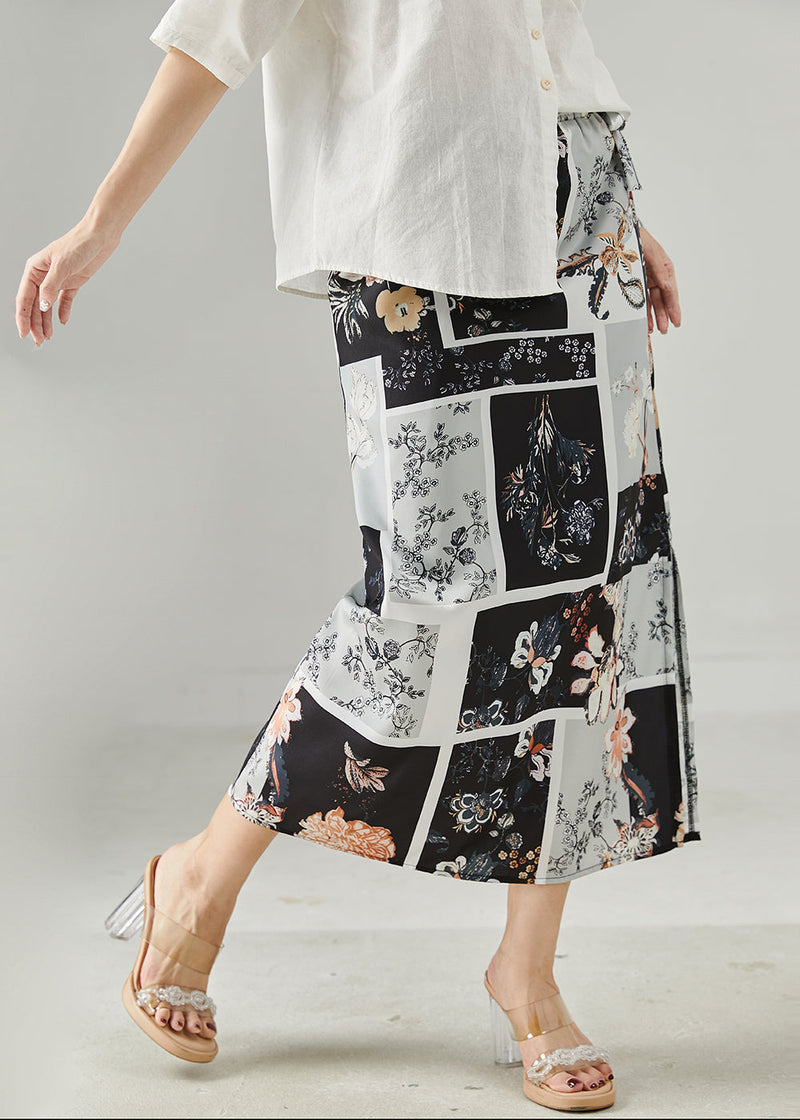 Black Print Side Open Chiffon Skirts Summer