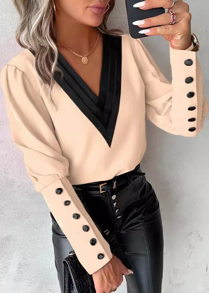 White V Neck Patchwork Cotton Shirts Spring