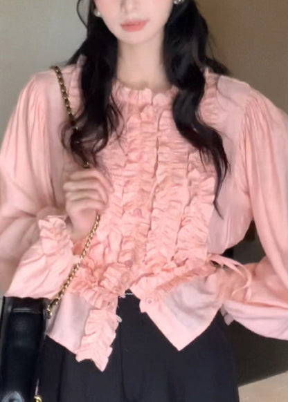 Pink O-neck Ruffled Chiffon Top Lantern Sleeve