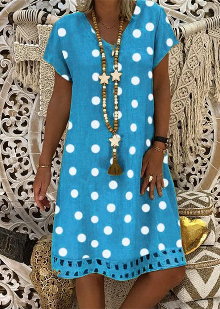 Khaki V Neck Dot Print Cotton Dress Summer