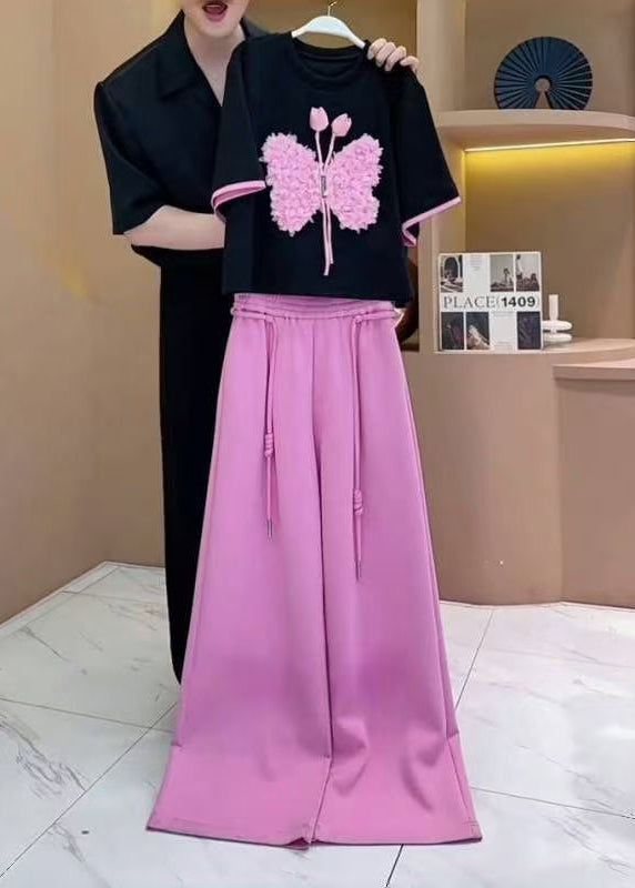 New Black Butterfly T Shirt and Pink Pants Cotton Two-piece Set Summer