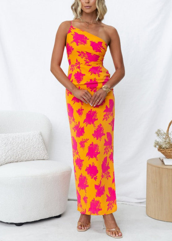 Slim Fit Orange One-shoulder Backless Print Cotton Maxi Dresses Summer