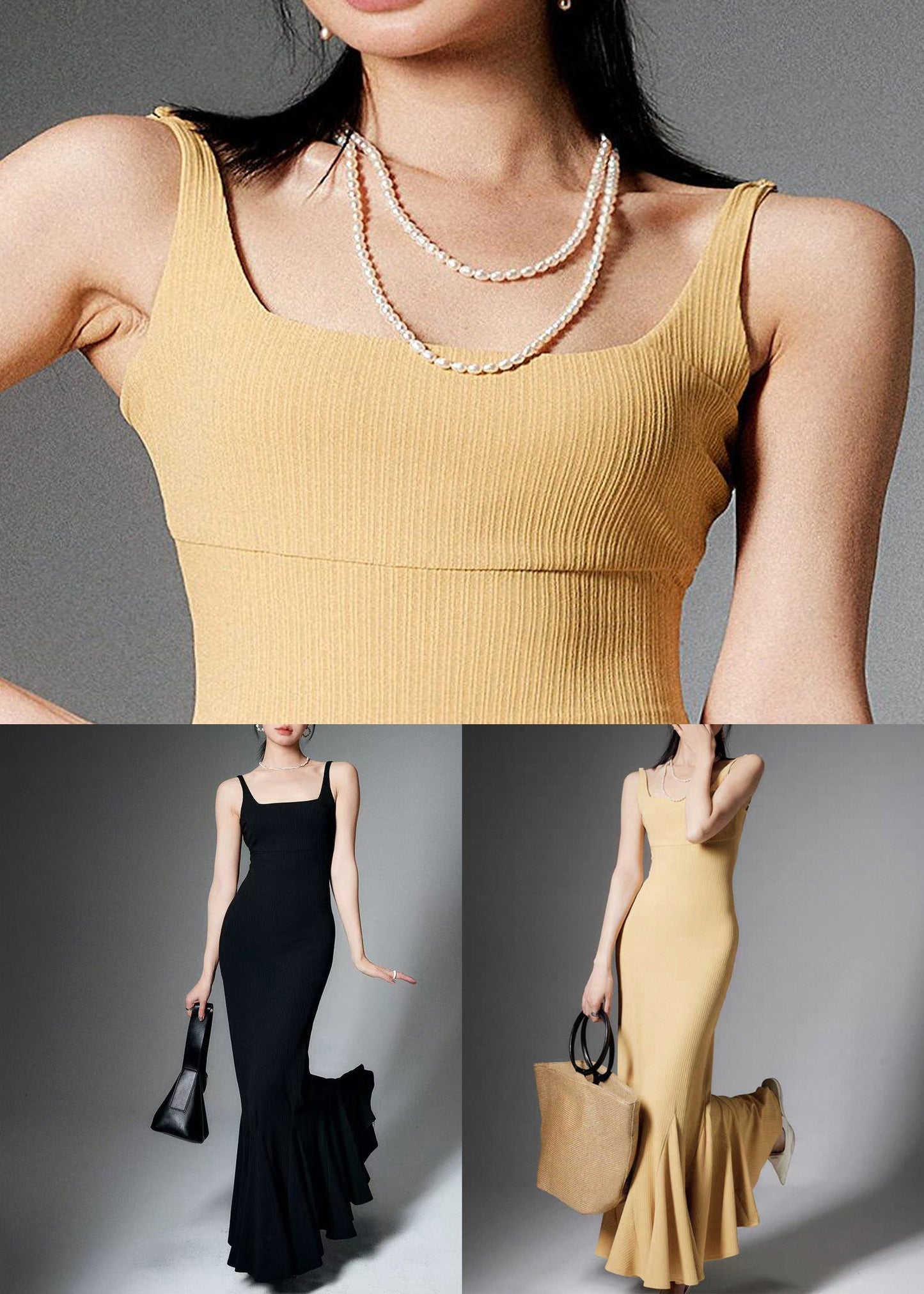 Yellow Backless Cotton Spaghetti Strap Dress High Waist Sleeveless