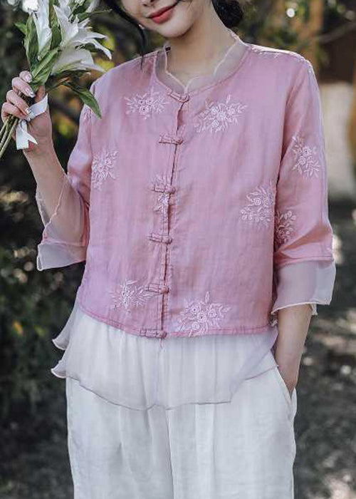 Pink Embroidered Button Linen Shirt Bracelet Sleeve
