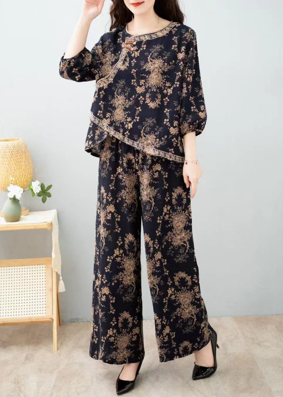French Red Print Tops and Pants Cotton Two Pieces Set Half Sleeve