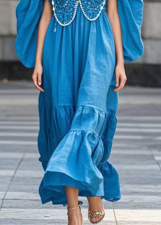 Blue Original Design Nail Bead Cotton Dress Batwing Sleeve