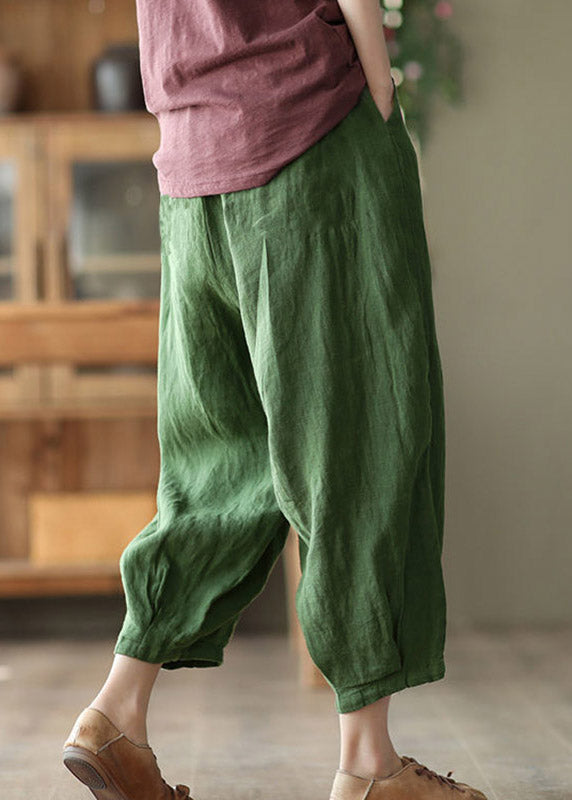 Green Pockets Print Elastic Waist Linen Harem Pants Summer
