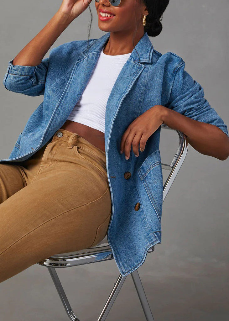 Boutique Blue Notched Pockets Button Denim Coats Fall