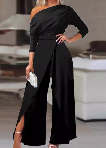 Black Cold Shoulder Loose Cotton Jumpsuit Summer