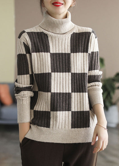 Chocolate Turtle Neck Plaid Knit Top Winter