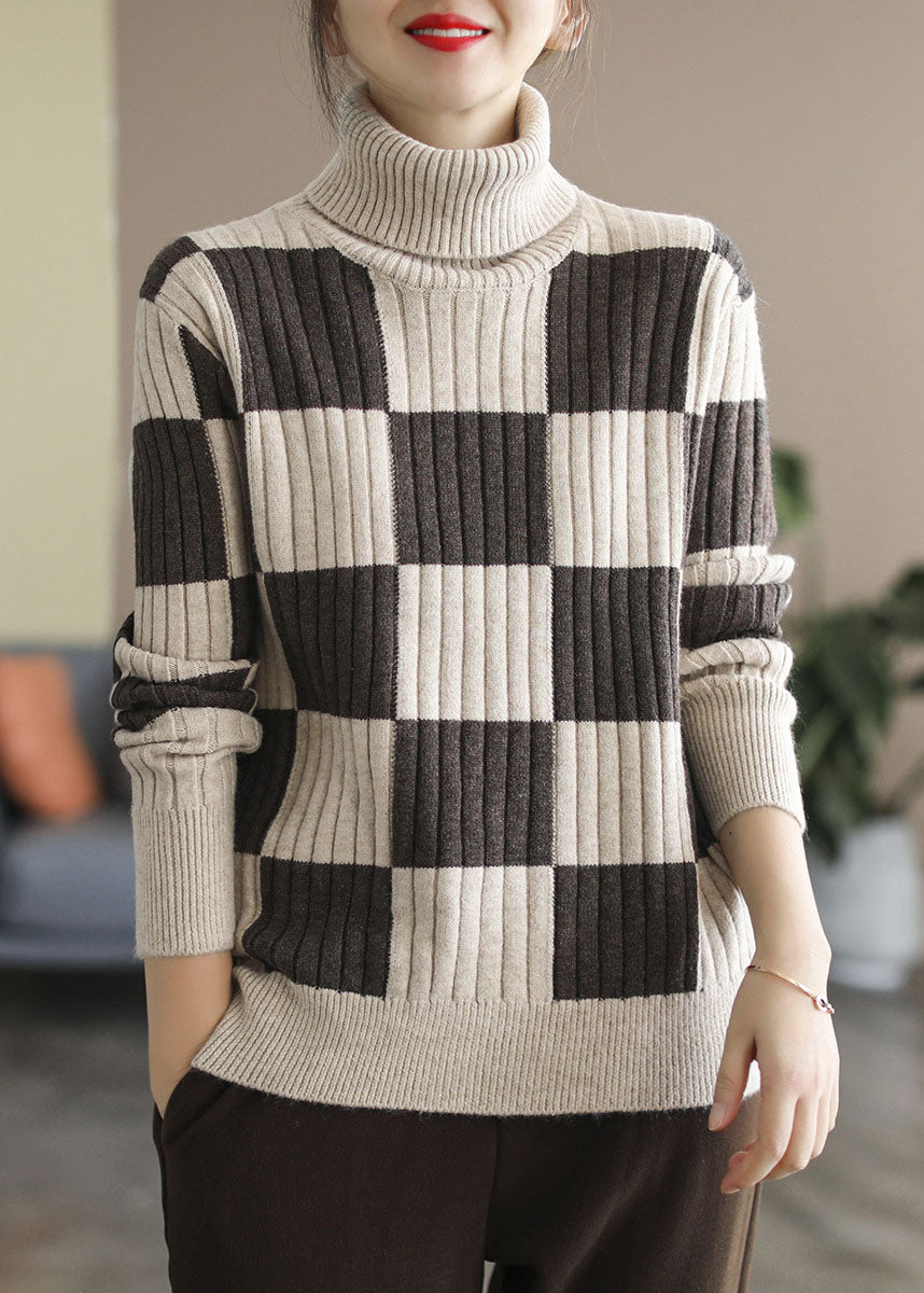 Chocolate Turtle Neck Plaid Knit Top Winter
