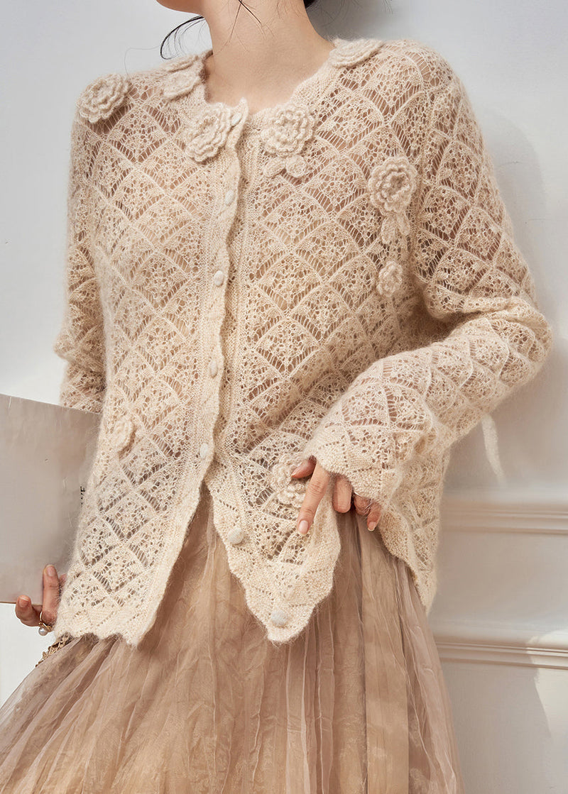 Art Apricot Hollow Out Button Knit Sweater Spring