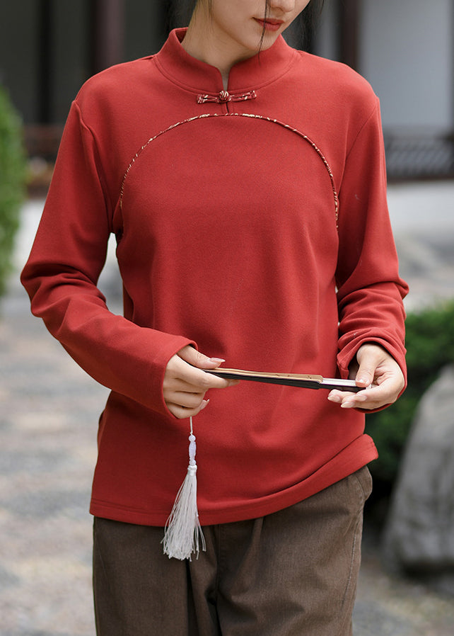 Boutique Beige Stand Collar Oriental Button Cotton Top Spring