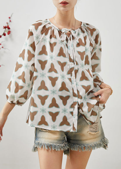 Oversized Print Lace Up Cotton Blouse Tops Summer