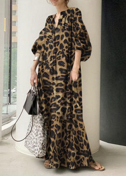 Apricot V Neck Oversized Long Dresses Lantern Sleeve