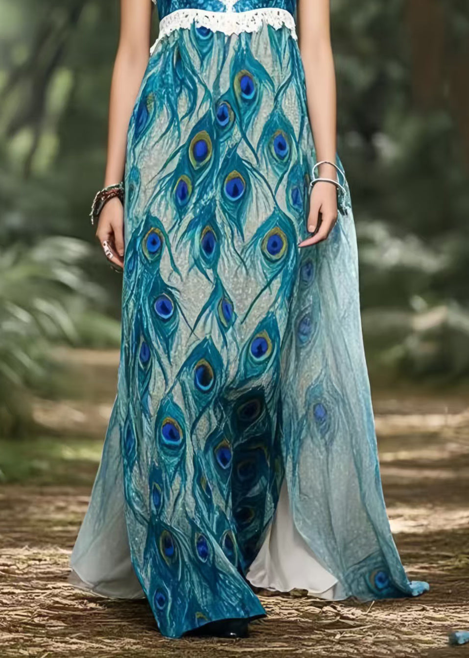 Peacock Blue Print Chiffon Strapless Dress Summer