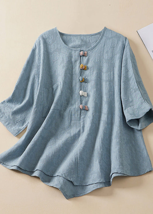 Blue O Neck Chinese Button Jacquard Linen Shirt Summer