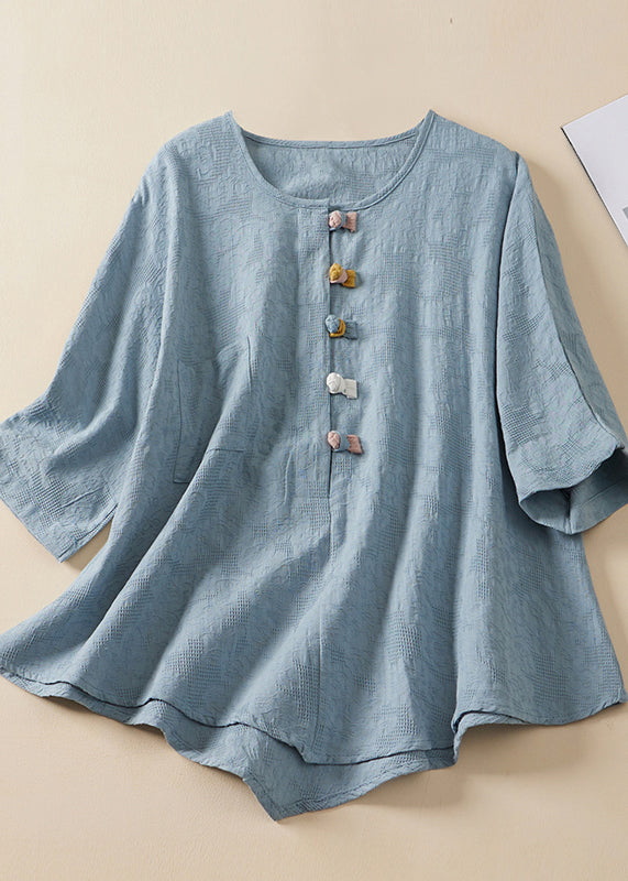 Blue O Neck Chinese Button Jacquard Linen Shirt Summer