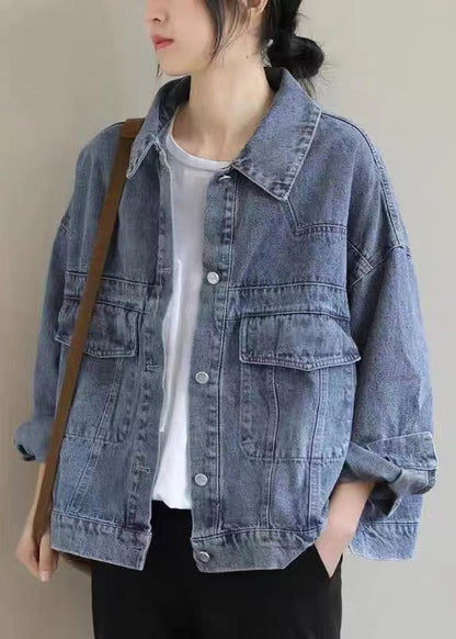Black Button Pockets Denim Coat Long Sleeve