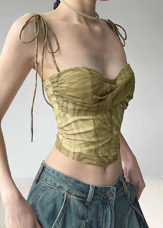 Green Cold Shoulder Tulle Spaghetti Strap Short Vest Sleeveless