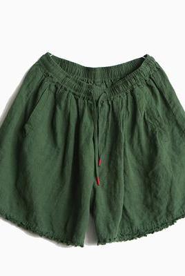 Loose Green and Yellow Linen Shorts Summer Trousers
