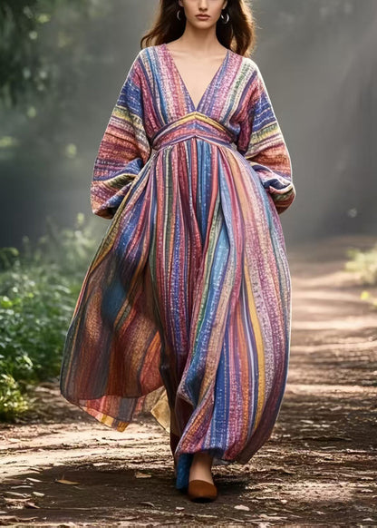 Colorblock V Neck Striped Cotton Vacation Dresses Spring
