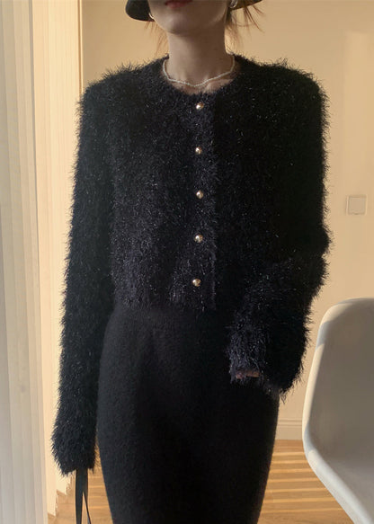 Black Fluffy Knit Cardigan O-neck Winter