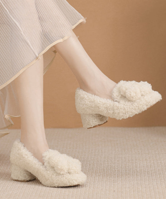 Beige Faux Fur Splicing Chunky High Heels Fuzzy Wool Lined