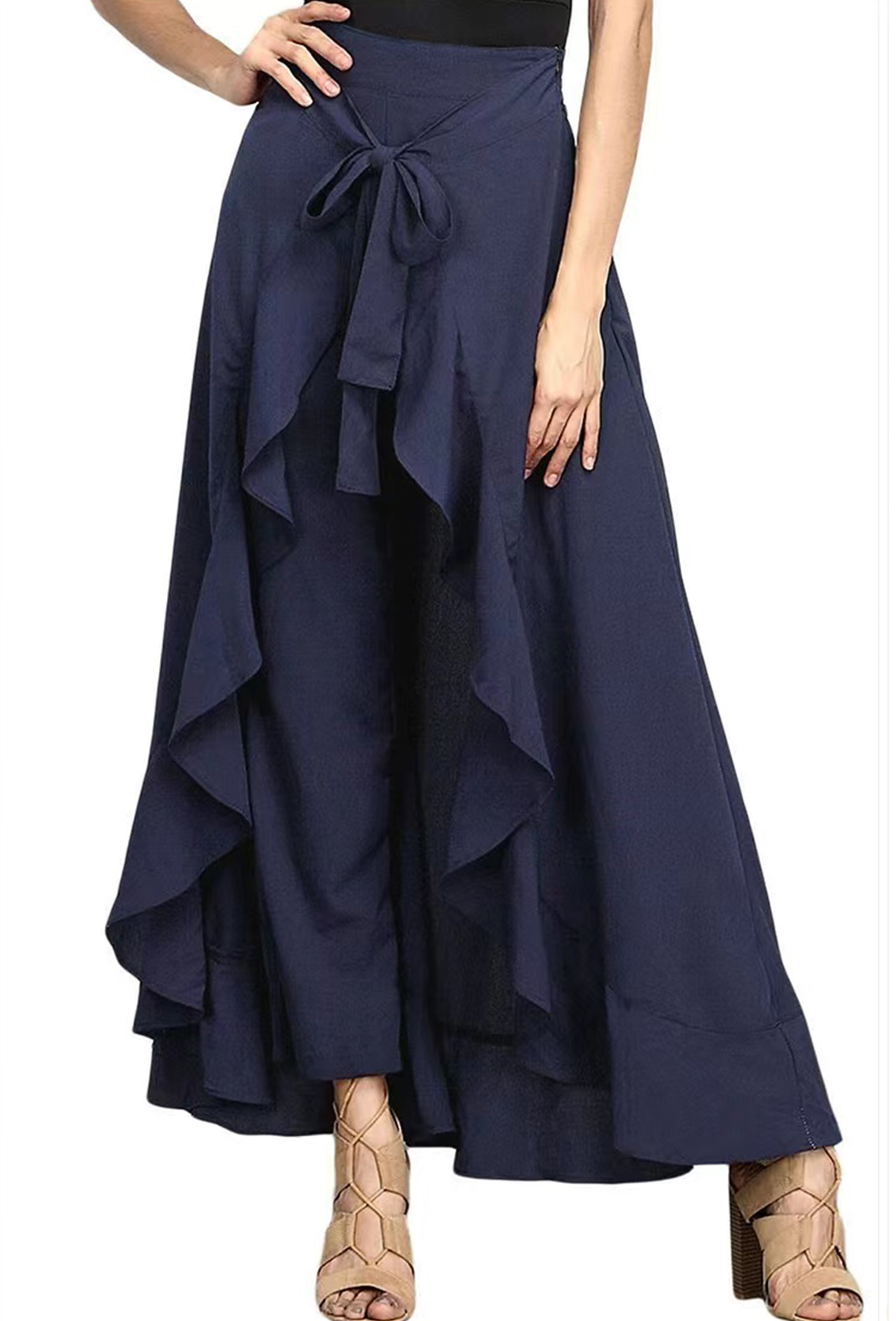 Grey Waist Spliced Ruffle Hem Straight Leg Skirt