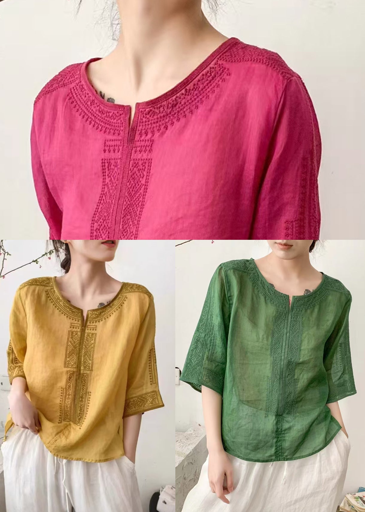 Grass Green Linen Shirts O-neck Embroidered Summer