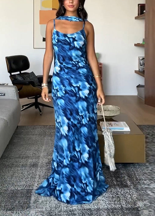 Blue Backless Print Tulle Spaghetti Strap Dress Summer