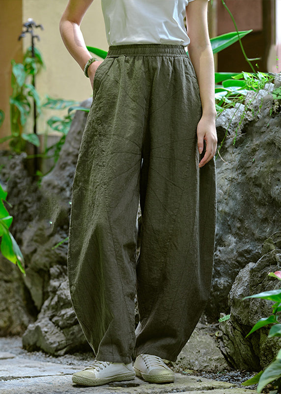 Simple Yellow Pockets Elastic Waist Linen Pants Summer