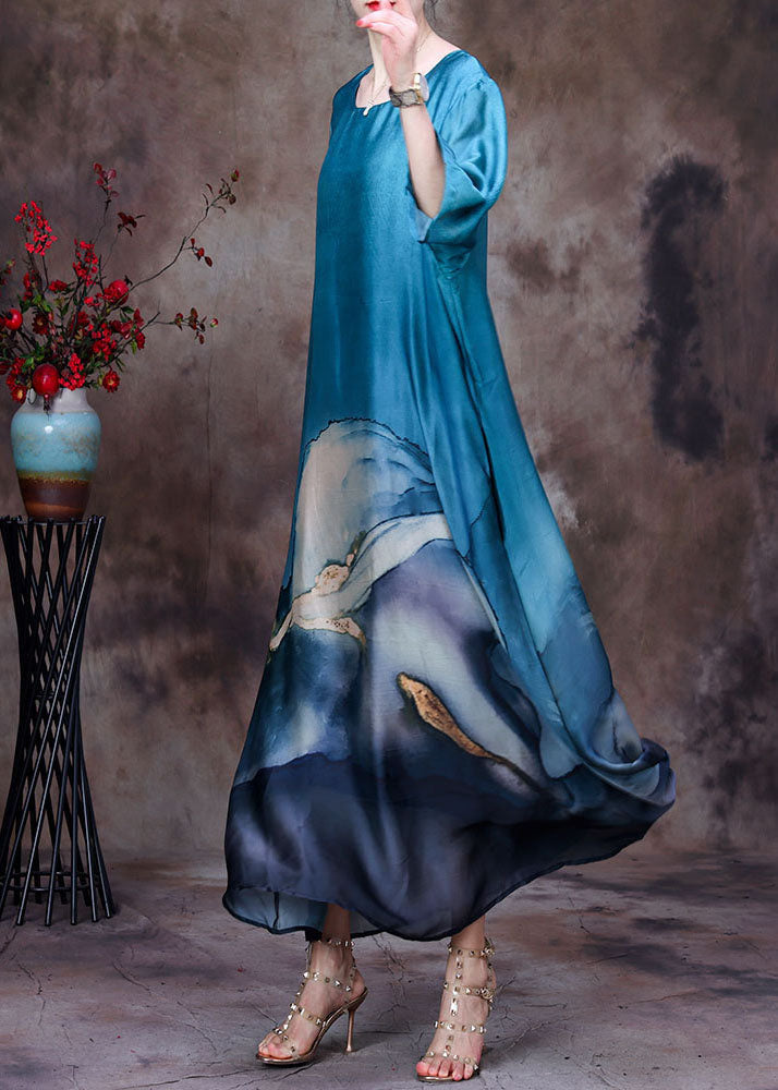 Blue O-neck Layered Design Print Silk Dresses for Bracelet Sleeve