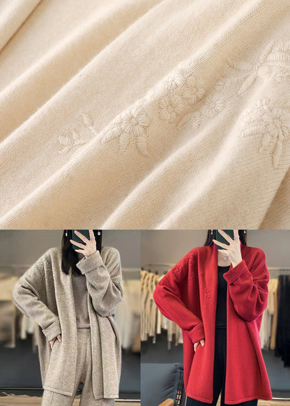 Loose Red V Neck Embroideried Cashmere Cardigan Top Fall