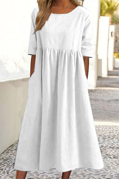Half Sleeve Pleated Pocket Cotton Dress(9 Colors)
