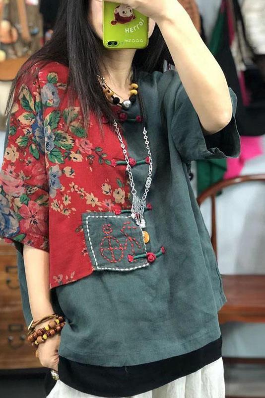 Embroidered Breasted V-neck Retro Stitching T-shirt