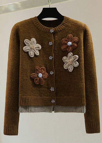 Coffee O-neck Fake Two Pieces Thick Cotton Knit Sweaters Winter