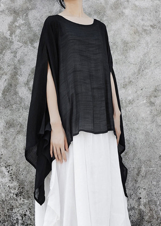Black Baggy Linen Upf 50+ Tops Asymmetrical Batwing Sleeve