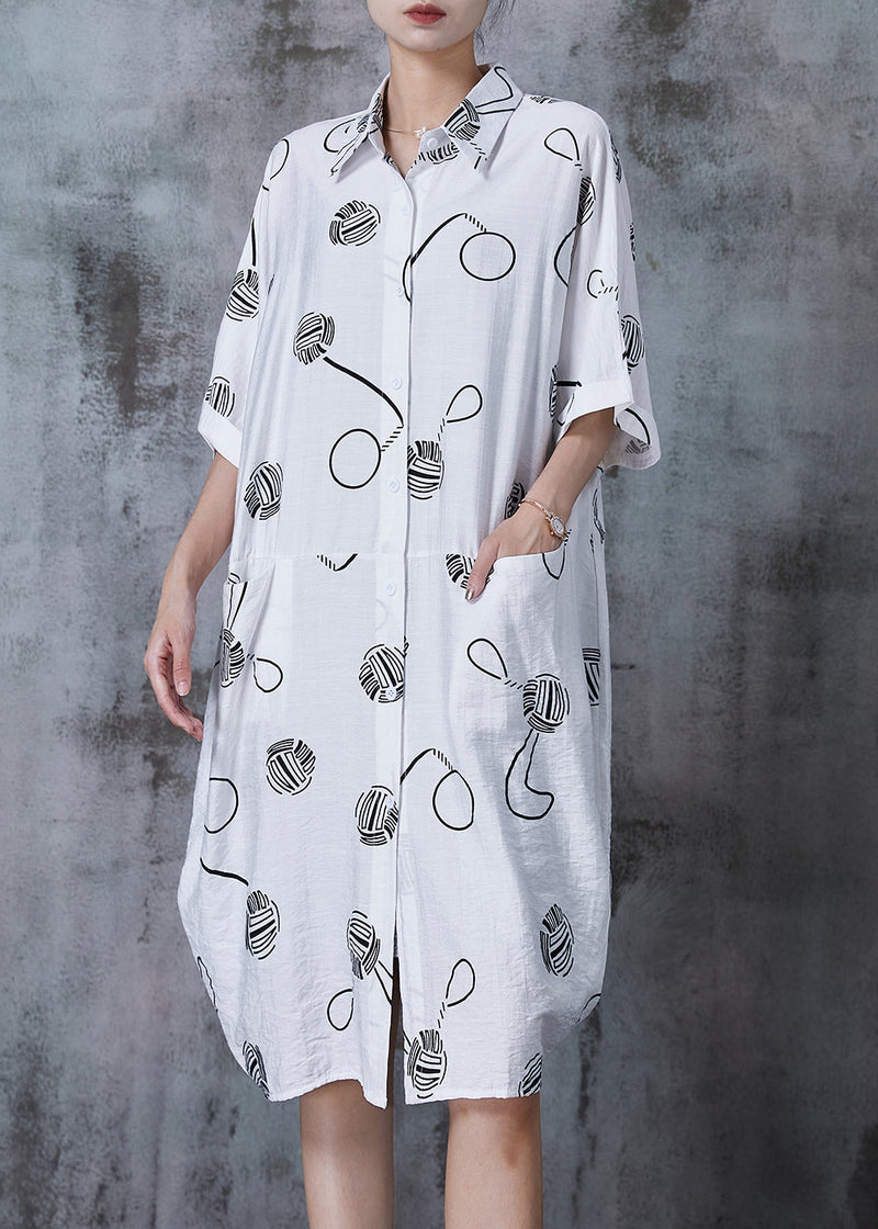 Fitted White Oversized Print Cotton Shirt Dresses Summer