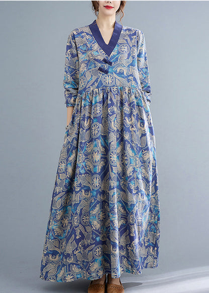 Style Blue Wrinkled V Neck Exra Large Hem Cotton Long Dresses Long Sleeve