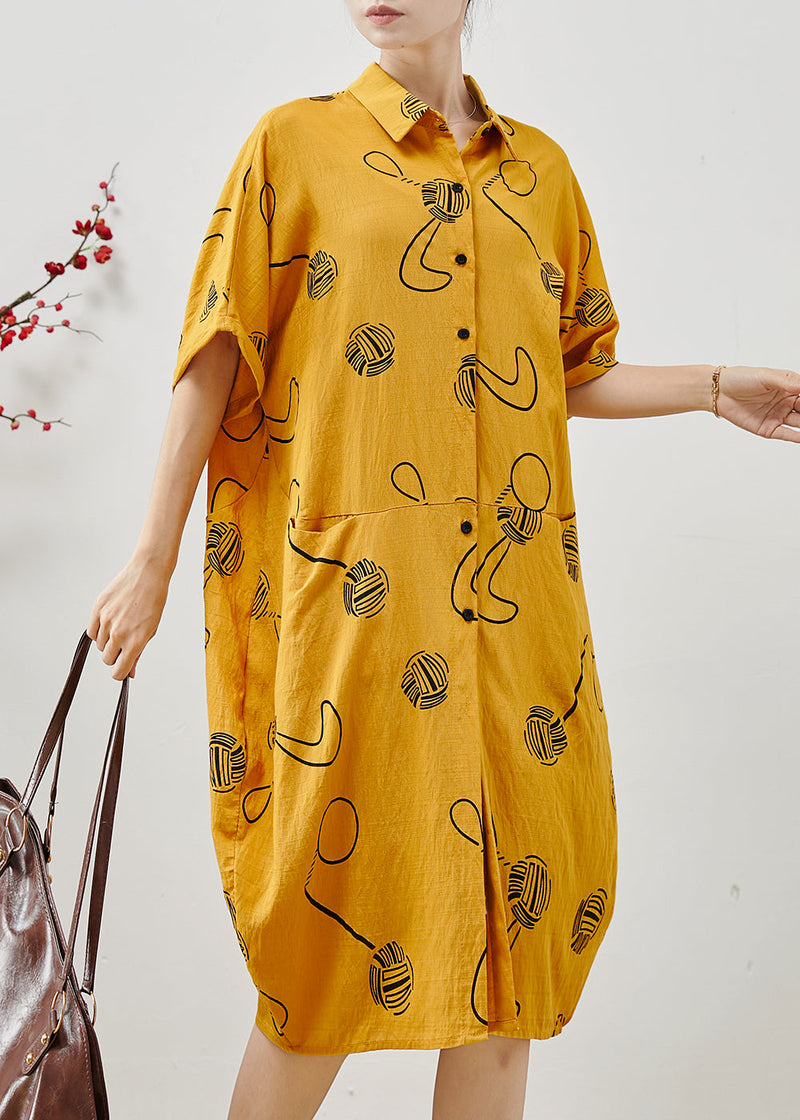 Yellow Oversized Print Cotton Holiday Dress Summer