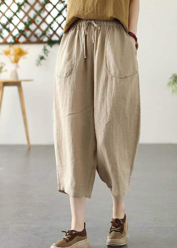Khaki Patchwork Elastic Waist Tie Waist Crop Pants Summer
