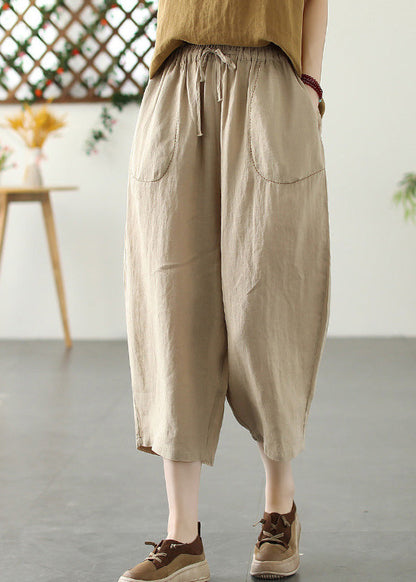 Khaki Patchwork Elastic Waist Tie Waist Crop Pants Summer