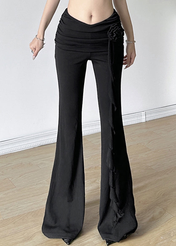 Retro Black Ruffled Patchwork High Waist Flared Pants Fall