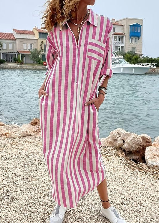 Grey Peter Pan Collar Striped Cotton Dresses Fall