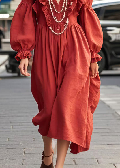 Red Ruffled Cotton Maxi Dress Spring